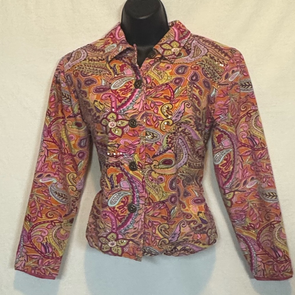 B-76 Coldwater Creek Orange Pink & Red Paisley Lined Suit Jacket Size SP‎
